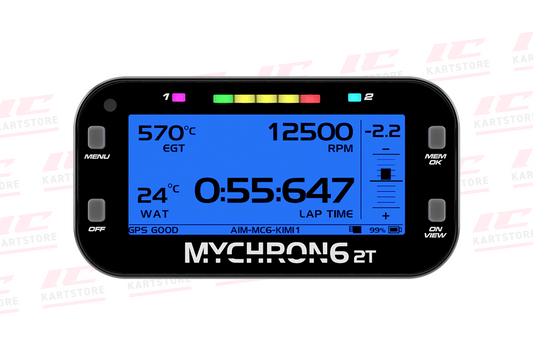 AIM Mychron 6 2T kart lap timer for racing karts, digital data logger with RPM, lap time, speed, and dual temperature sensor inputs.