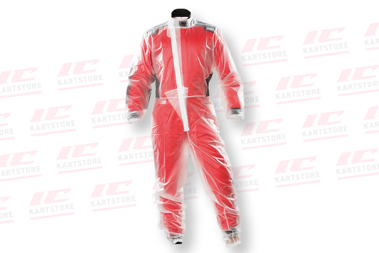 OMP Rain K Kart Over Suit – transparent lightweight waterproof over suit with heat-sealed seams for kart racing, available at IC Kartstore