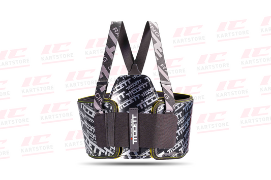 Tillett P1 Defender rib protector in silver and black for kart safety