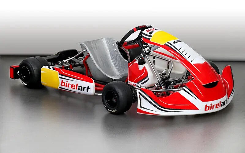 Birel ART S18 racing kart chassis in three-quarter view